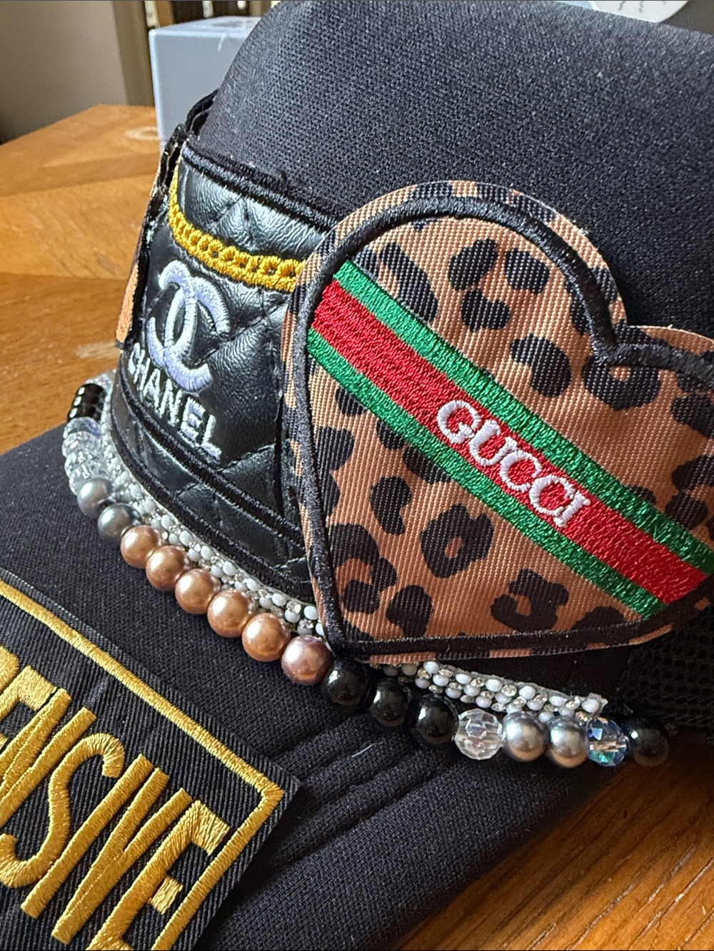 Trucker Hat Black Embellished Beaded Designer Style Patch Cap Handmade - Picture 2 of 6